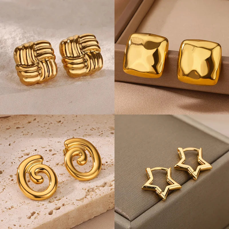 Temperament Square Texture Earring For Women Stainless Steel Gold Color Personality Trend Stud Earring Fashion Jewelry Exquisite