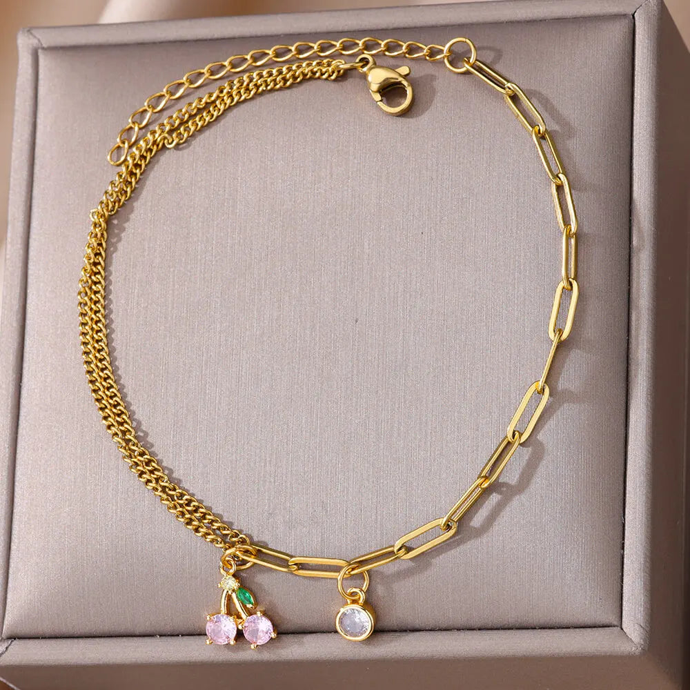 Zircon Cross Anklets For Women Gold Color Stainless Steel Cross Anklet Double Chain Summer Beach Party Jewelry Gift Accessories