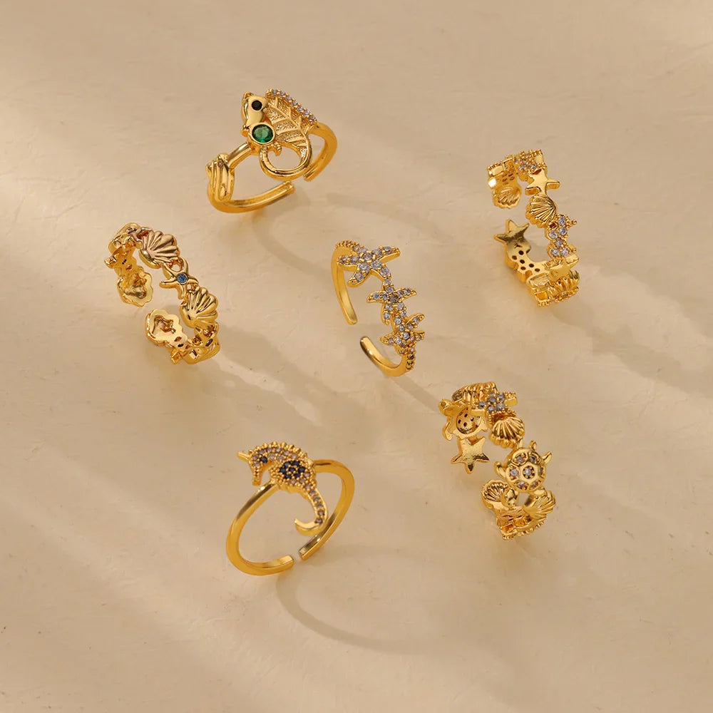 Green Zircon Seahorse Rings For Women Ocean Shell Starfish Turtle Stainless Steel Gold Color Finger Ring Summer Beach Jewelry