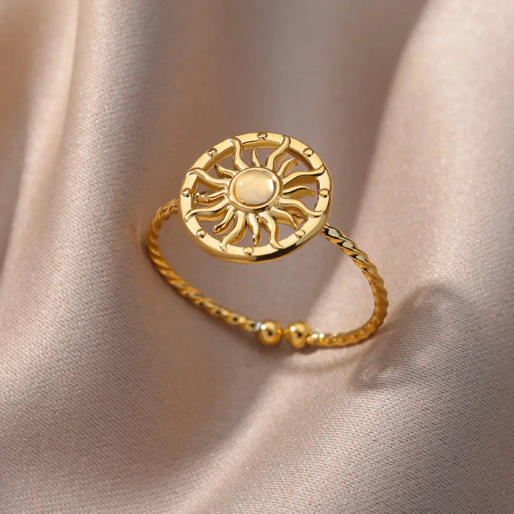 Gold Color Stainless Steel Shell Rings For Women Vintage Oval Blue Stone Adjustable Ring Fashion Party Jewelry Anniversary Gift