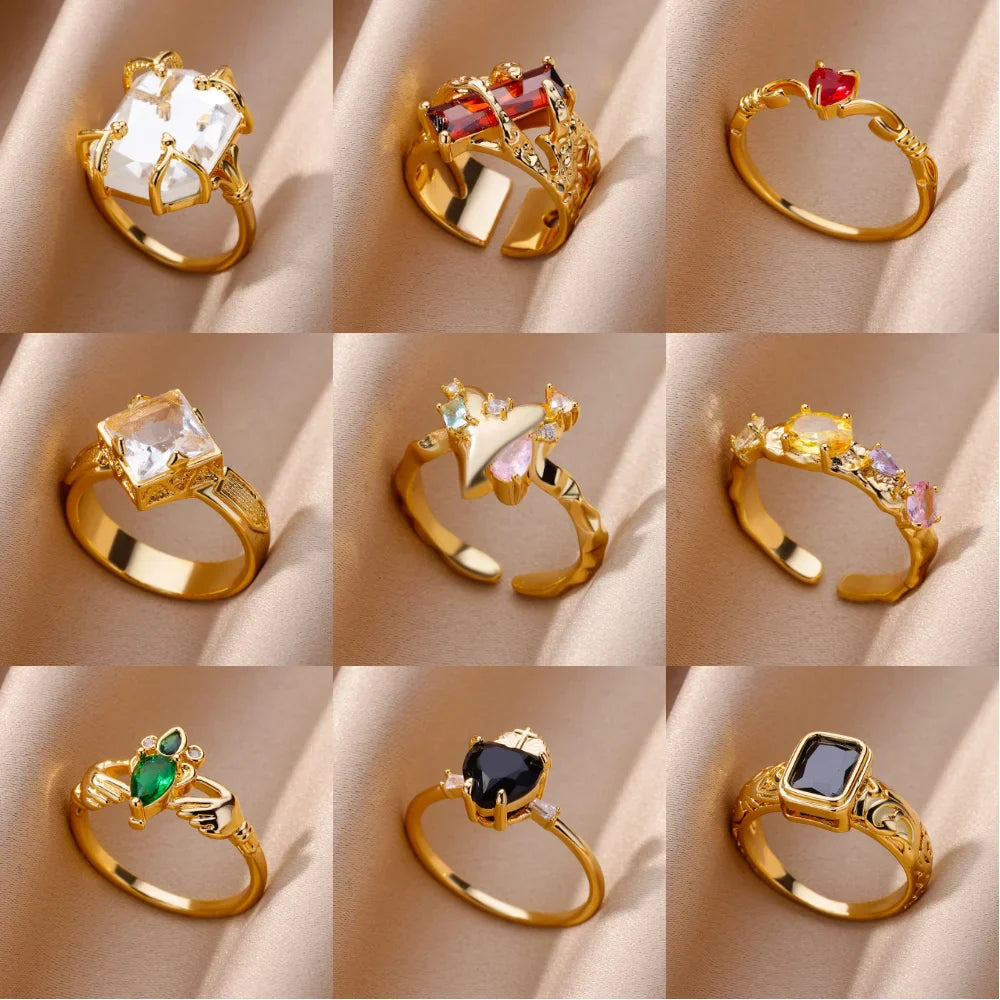 Luxury Zircon Heart Rings For Women Gold Color Open Stainless Steel Crystal Geometry Finger Ring Jewelry Wedding Gift anillos