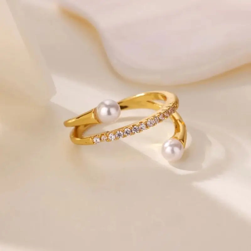 Layered Zircon Imitation Pearl Ring For Women Stainless Steel Gold Color Ring 2025 New Trend Fashion Wedding Couple Jewelry Gift