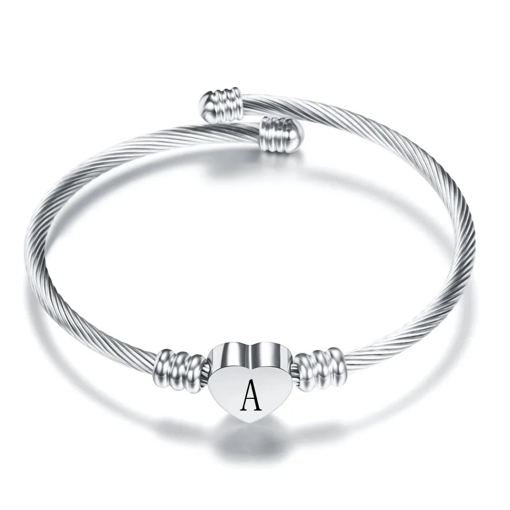 Initial Letter Stainless Steel Cuff Bracelet For Women 26 Alphabet Heart Charm Bangle Female Fashion Birthday Party Jewelry