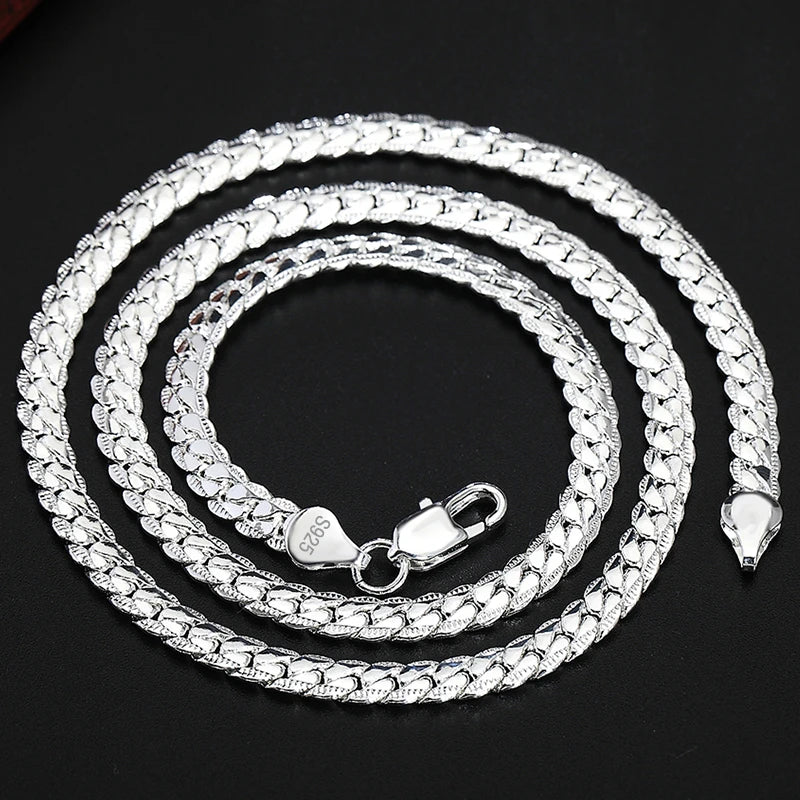 URBABY 925 Sterling Silver 2 Piece 6MM Full Sideways Chain Necklace Bracelet For Women Men Fashion Jewelry Sets Wedding Gift