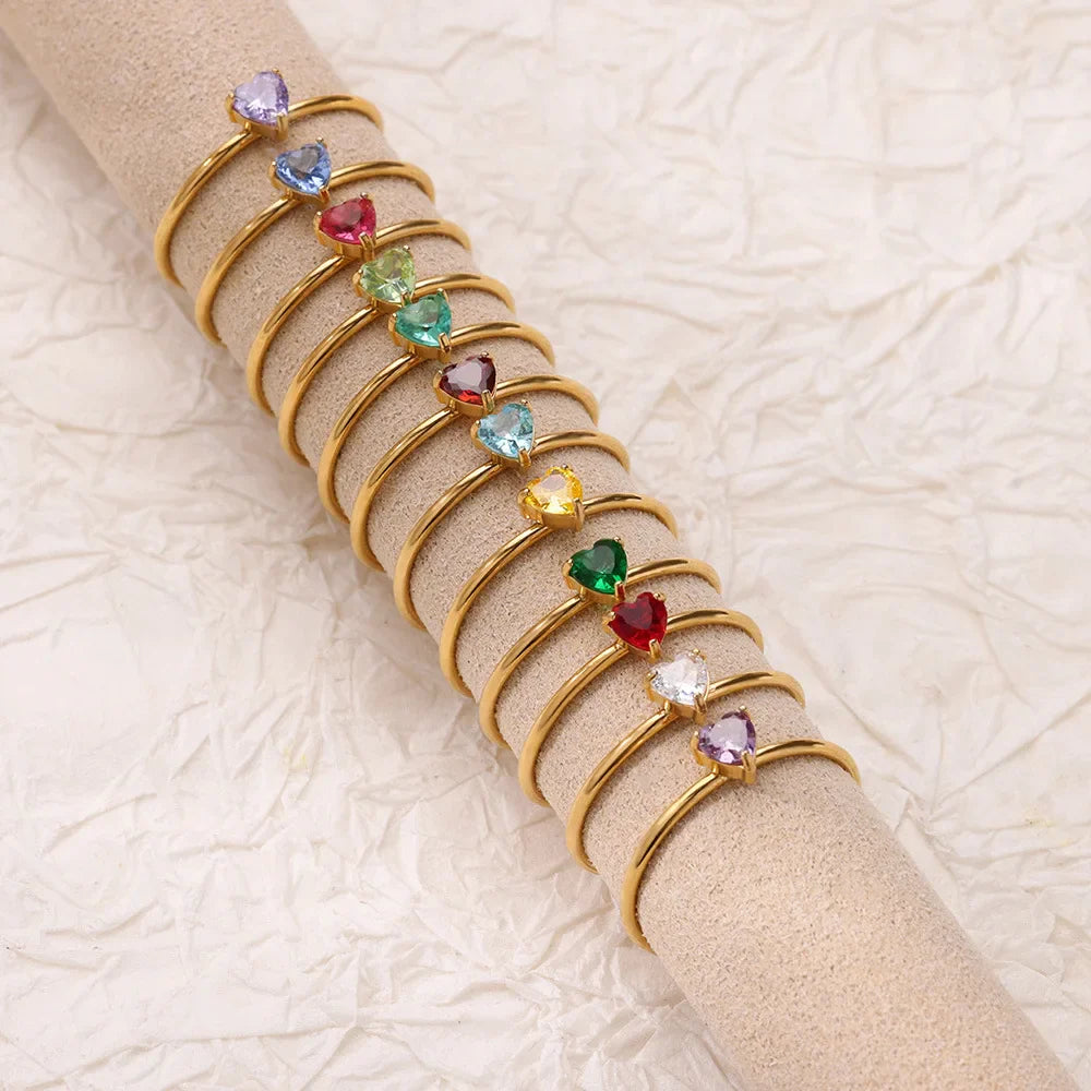 Stainless Steel Birthstone Open Rings for Women Fashion 12-color Crystal Zircon Heart Ring Birthday Aesthetic Jewelry Gift