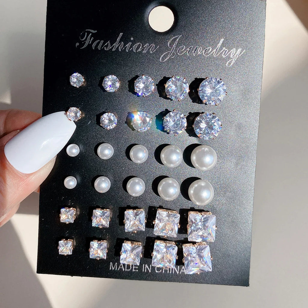 12 Pcs Zircon Earrings Set Briliant Shiny Stud Earrings for Women Simple Pearl Irregular Trendy Jewerly Accessories 2024 New