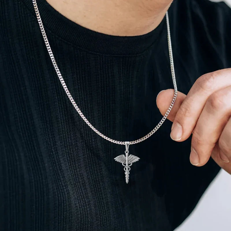 18K Gold Plated Stainless Steel Angel Wing Serpent Necklace - Greek Caduceus Pendant, Doctor/Nurse Charm Jewelry