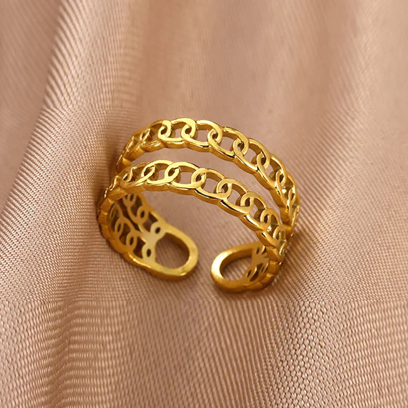 Stainless Steel Double Layer Rings for Women Vintage Hollow Out Geometric Finger Ring Fashion Jewelry Wedding Birthday Gift