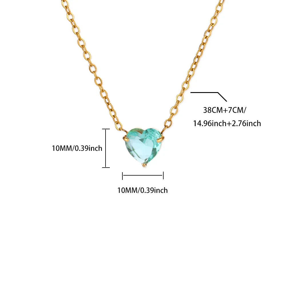 Stainless Steel Birthstone Pendant Necklace for Women Fashion Heart Crystal Zircon Charm Clavicle Chain Birthday Party Jewelry