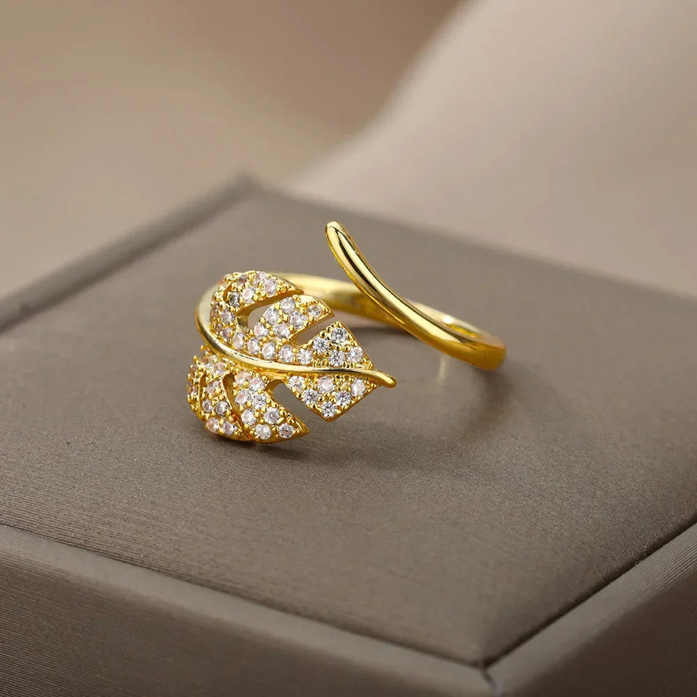 Fashion Palm Leaf Shape Open Rings For Women Gold Color Zircon Adjustable Finger Ring Girls Korean Party Jewelry Gift