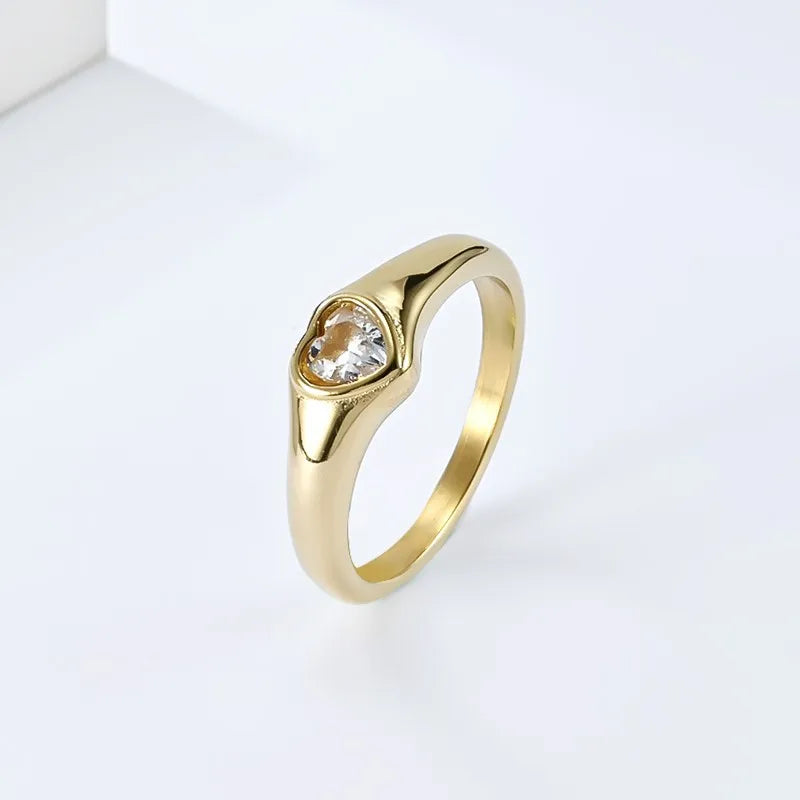 Stainless Steel Heart CZ Solitaire Ring Wedding Band for Women Girl Size 5-10