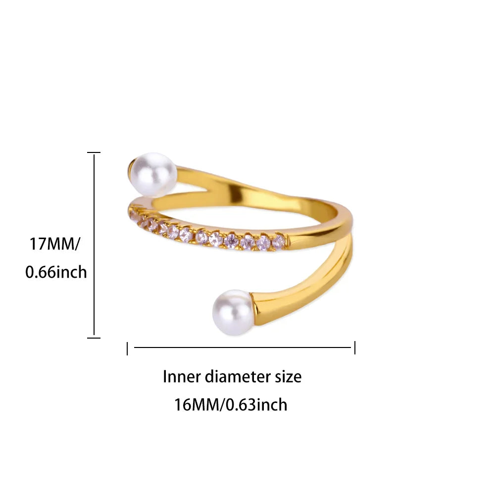 Layered Zircon Imitation Pearl Ring For Women Stainless Steel Gold Color Ring 2025 New Trend Fashion Wedding Couple Jewelry Gift