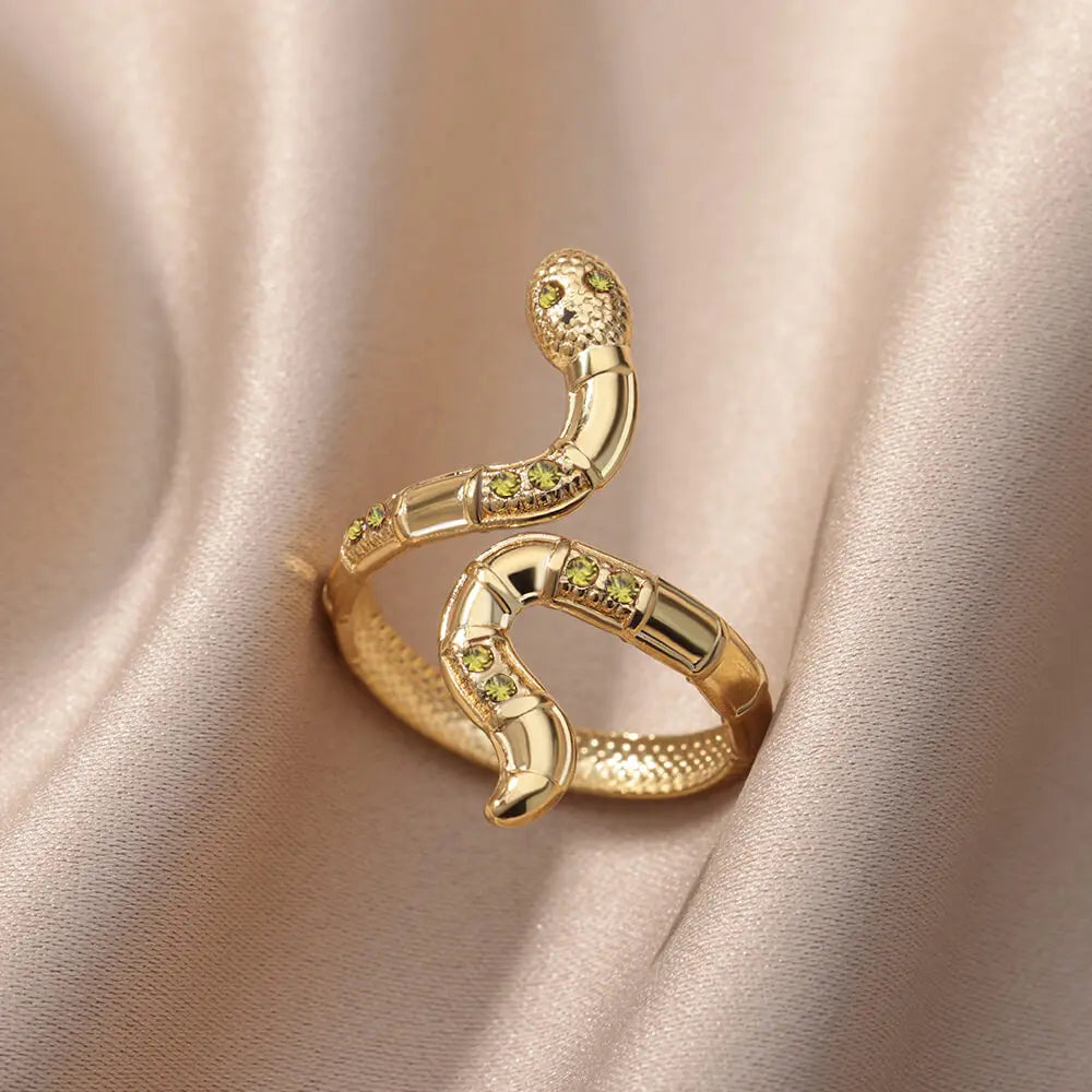 Stainless Steel Snake Rings For Women Men Gold Color Open Adjustable Zircon Ring Vintage Gothic Aesthetic Jewelry anillos mujer