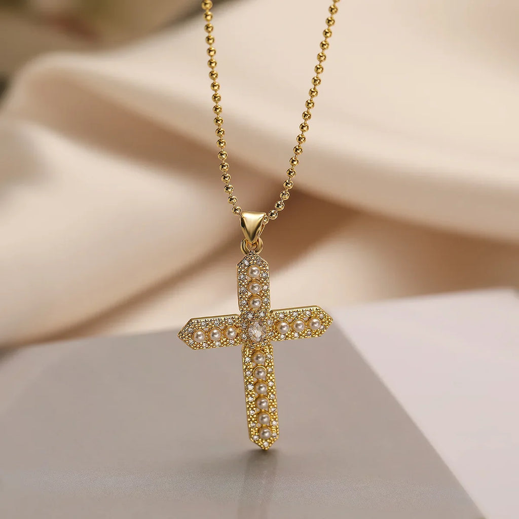 NEWBUY Classic Design Cross Pendant Gold Color 316L Stainless Steel Chain Necklace For Women Luxury Pearl Jewelry