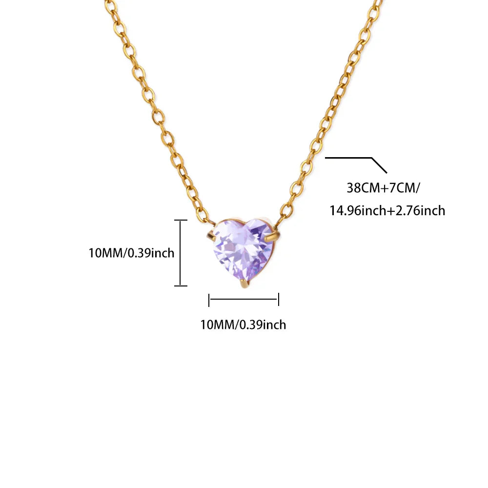 Stainless Steel Birthstone Pendant Necklace for Women Fashion Heart Crystal Zircon Charm Clavicle Chain Birthday Party Jewelry