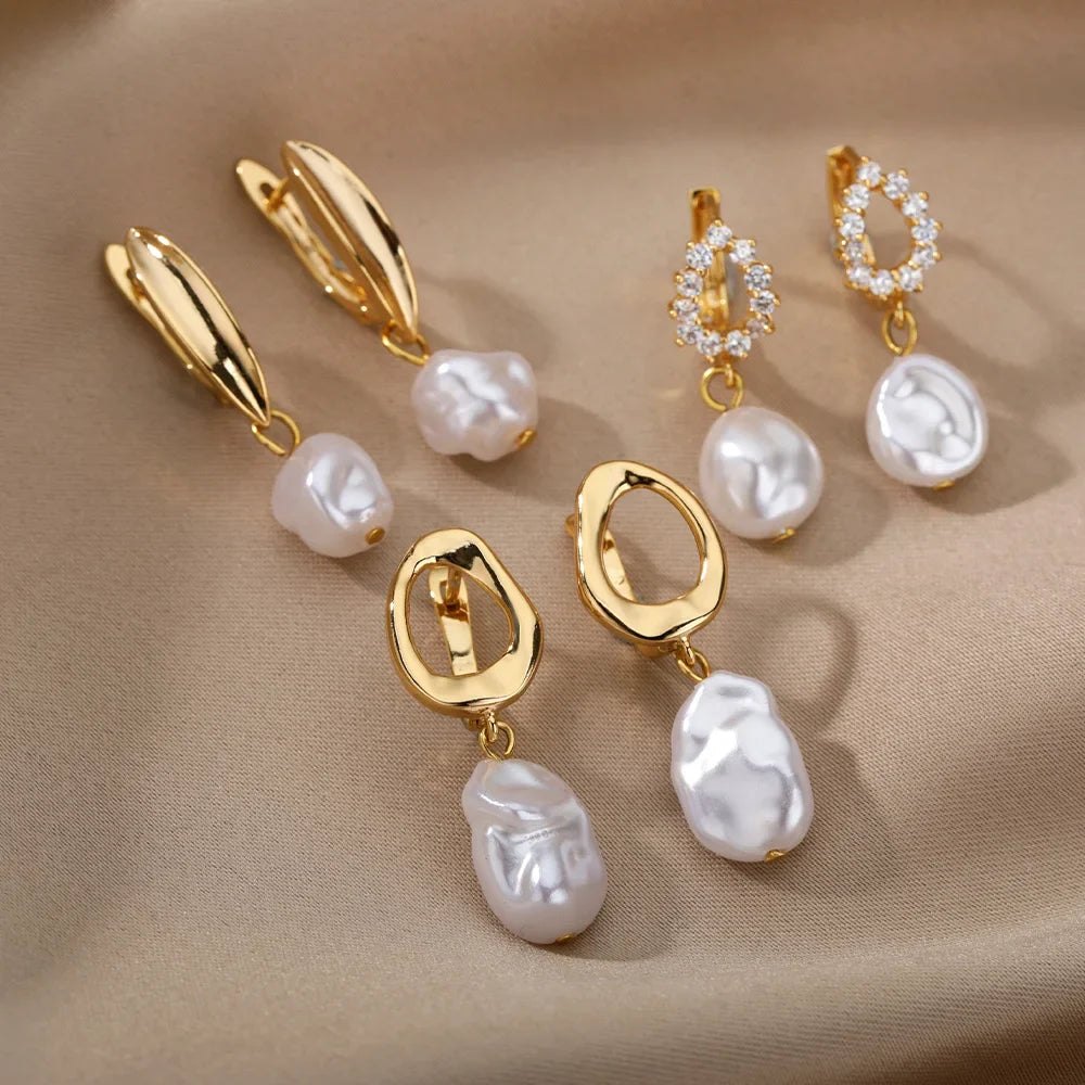 Fashion Circle Imitation Pearl Drop Earrings for Women Gold Color Stainless Steel Round Geometric Hoop Earring Wedding Jewelry