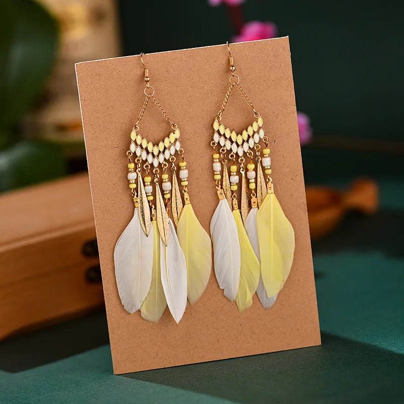 New Ethnic Feather Dangle Earrings For Women Bohemian Long Tassel Beads Drop Earring Girl Fashion Party Jewelry Accessories