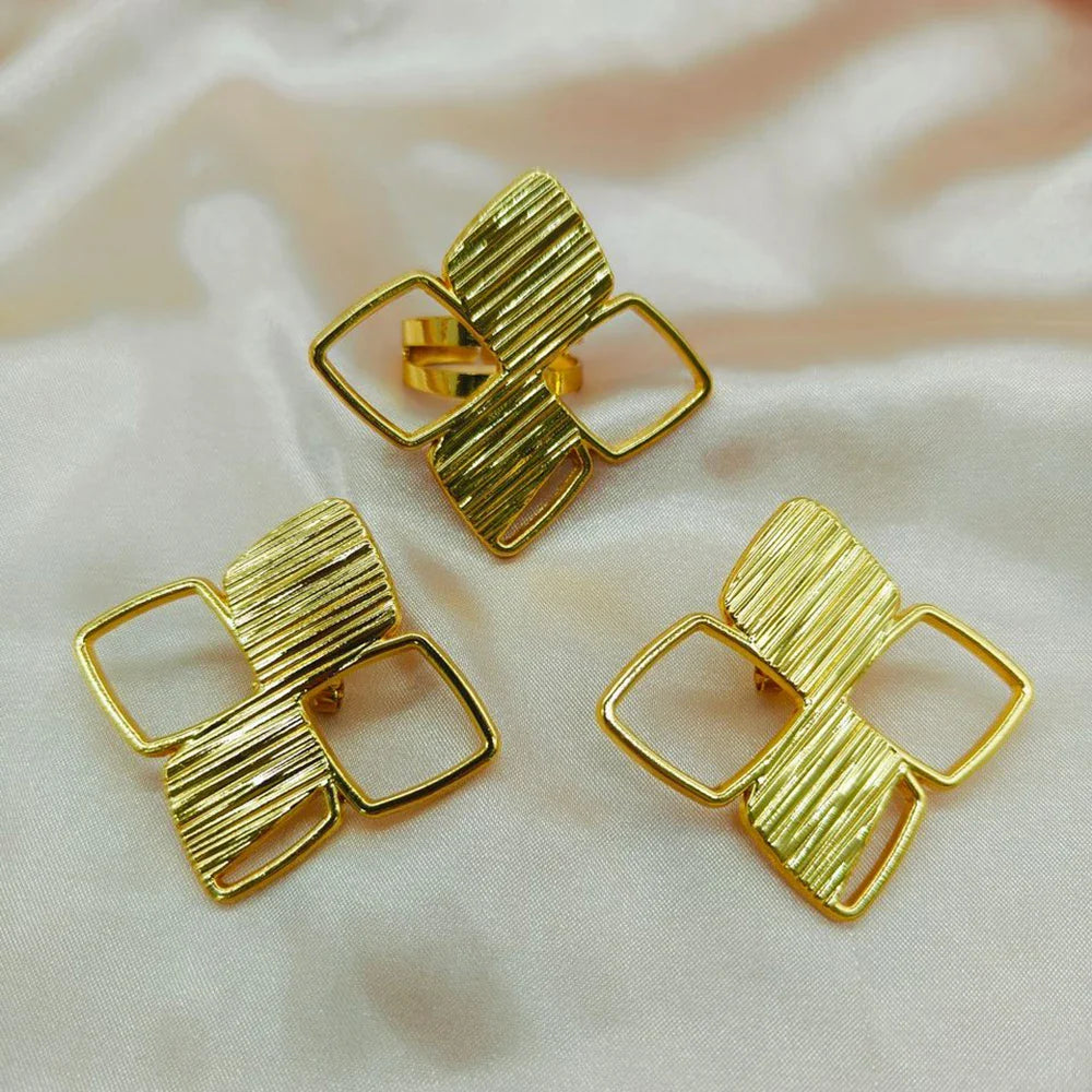 Dubai Gold Plated Earrings and Ring Jewelry Set for Women Hollow out Design Earrings and Finger Ring Set for Engagement Gifts