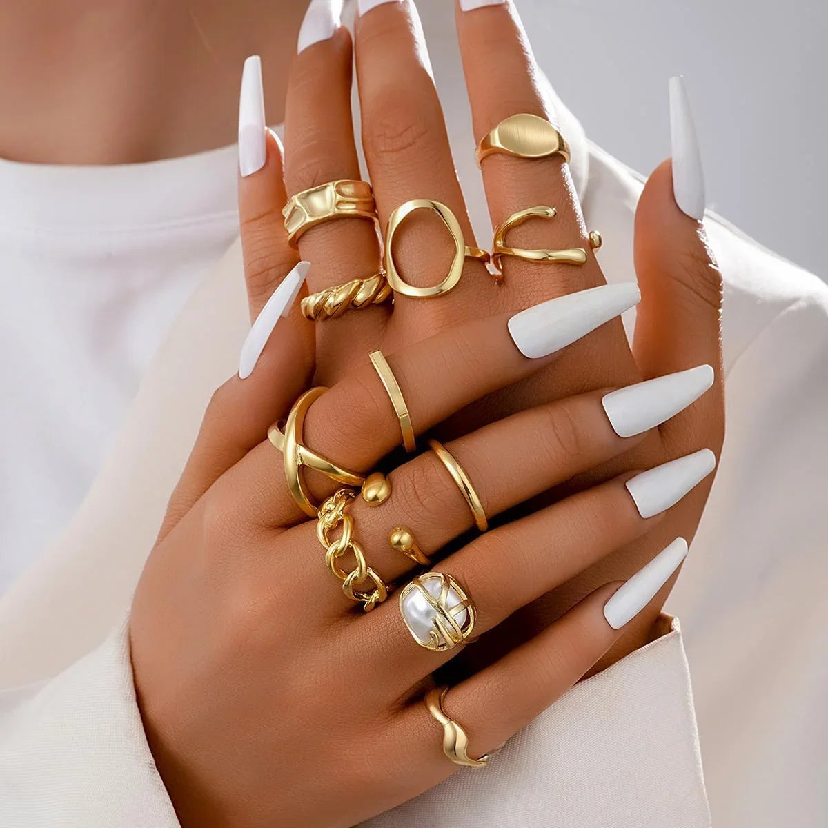 New 10Pcs/Set Irregular Smooth Rings Set for Women Geometric Exaggerated Gold Color Finger Rings Vintage Fashion Party Jewelry