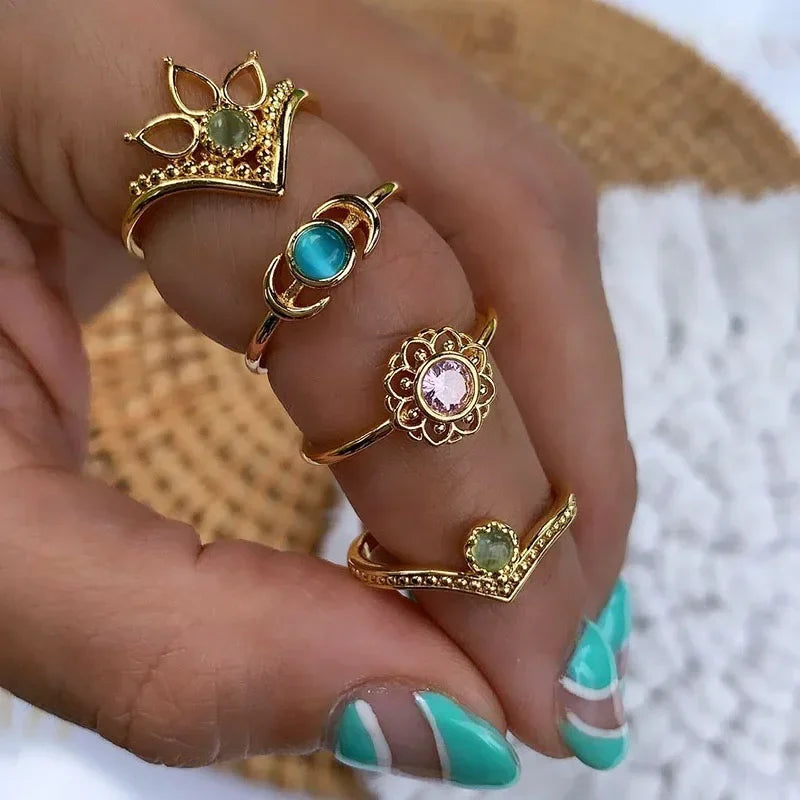 Stainless Steel Lotus Flower Ring for Women Gold Color Vintage Stone Opal Oval Flower Ring Fashion Aesthetic Jewelry Gift