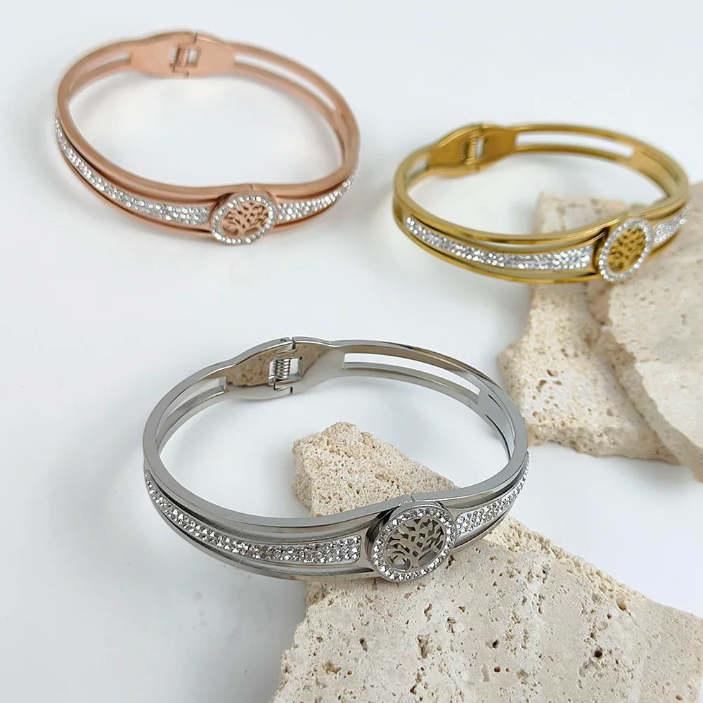Luxury Stainless Steel Tree of Life Bangle for Women Men Crystal Zircon Bracelet Silver Gold Color Wrist Jewelry Accessories