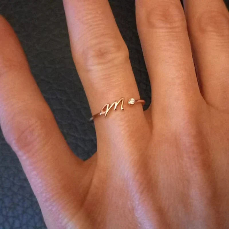 A-Z Initial Letter Open Rings for Women Stainless Steel Gold Color Zircon Adjustable Ring Trendy Couple Wedding Jewelry Gift