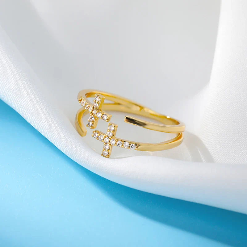 Zircon Double Cross Rings For Woman Stainless Steel Gold Color Shiny Opening Ring New Luxury Fashion Wedding Jewelry Gift Bague