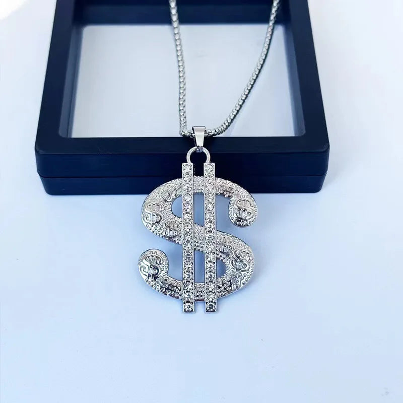 1pcs Creative Dollar Necklace Pendant Exaggeration Diamond S$ Pendant Necklace Male Hip Hop Personality Pendant Sweater Chain