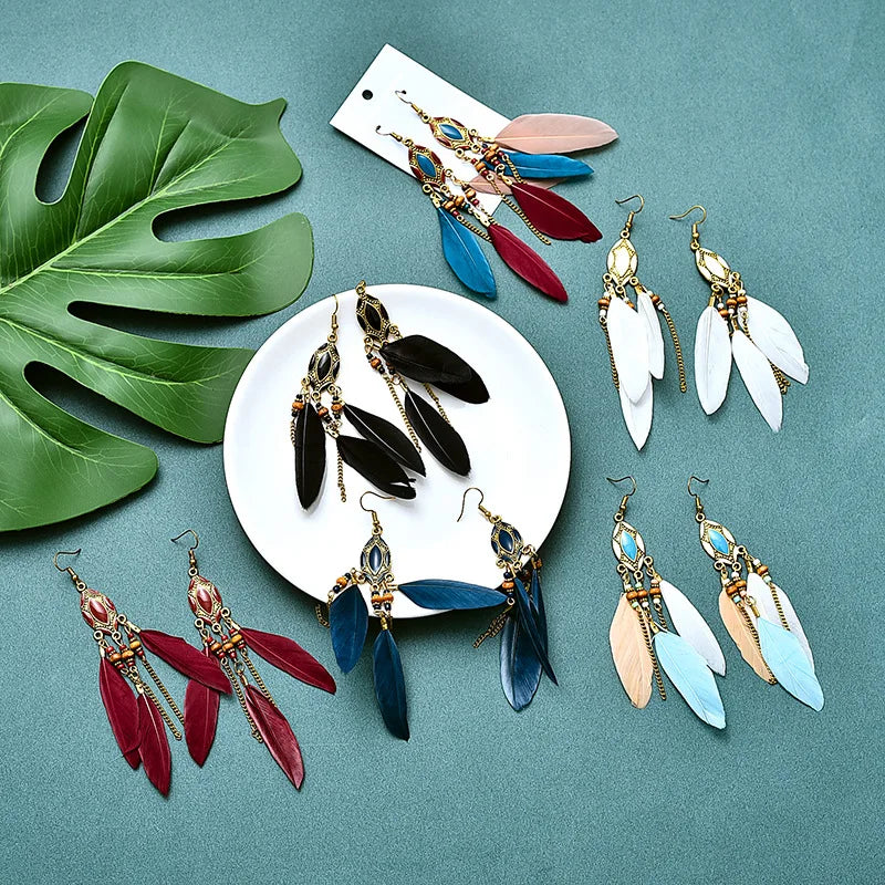 New Ethnic Long Feather Dangle Earrings For Women Bohemian Tassel Beads Handmade Enamel Earrings Girl Bride Wedding Jewelry