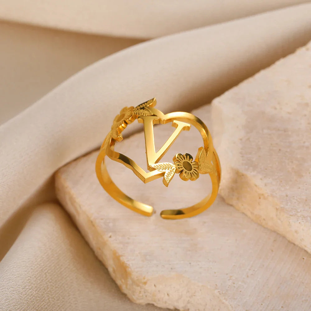 Stainless Steel Initials Letter Heart Rings for Women Girls Gold Color Flower Alphabet Ring Fashion Valentine's Day Jewelry Gift