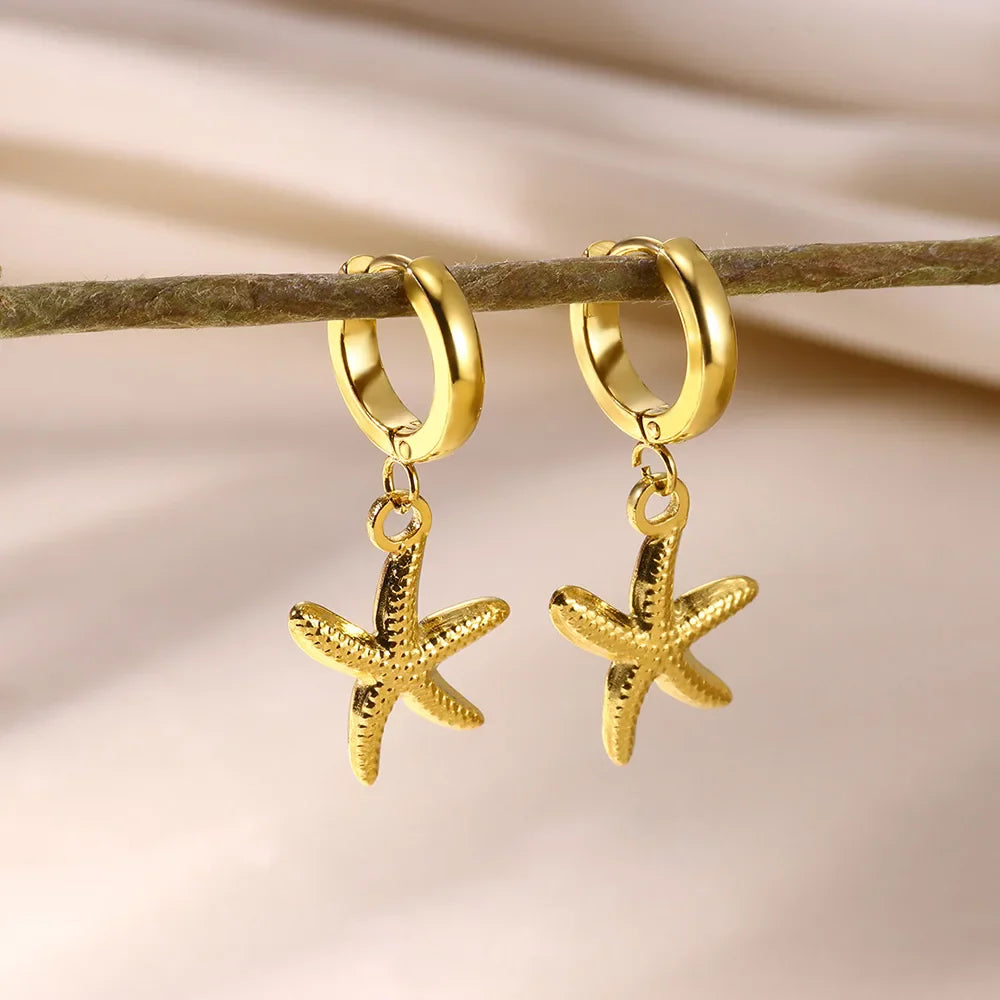 Freshwater Ocean Starfish Shell Hoop Earrings For Women Elegant Stainless Steel Gold Color Aretes Christmas jewelry accessories