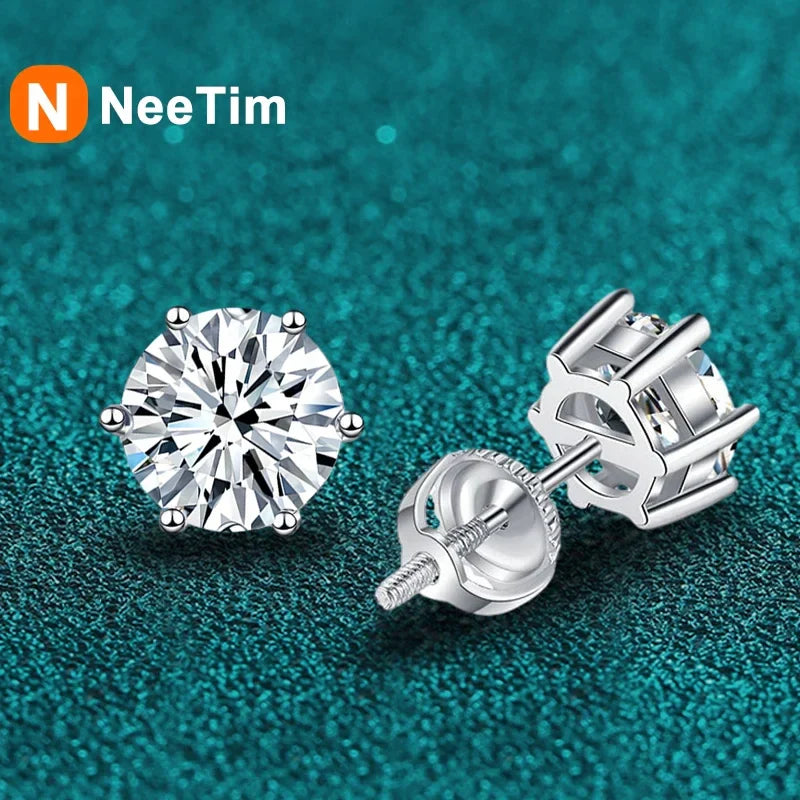 NeeTim 1ct 2ct Moissanite Earrings For Women Men Lab Diamond White Gold Plated 925 Sterling Silver Stud Earring Luxury Jewelry