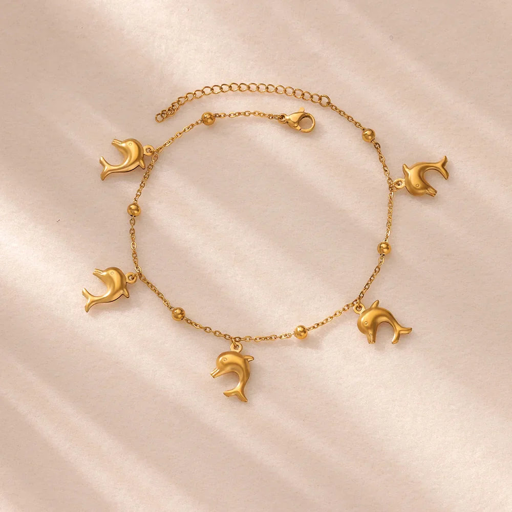 Summer Beach Stainless Steel Gold Color Chain Anklet For Women Starfish Shell Dolphin Fish Charm Ankle Bracelet Jewelry Gift