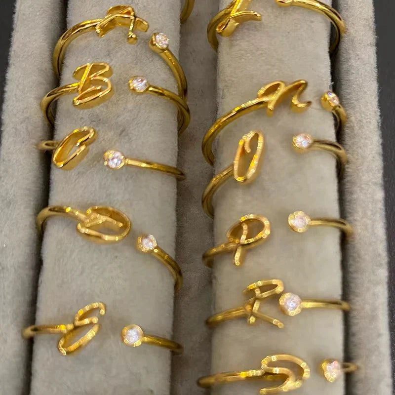 A-Z Initial Letter Open Rings for Women Stainless Steel Gold Color Zircon Adjustable Ring Trendy Couple Wedding Jewelry Gift