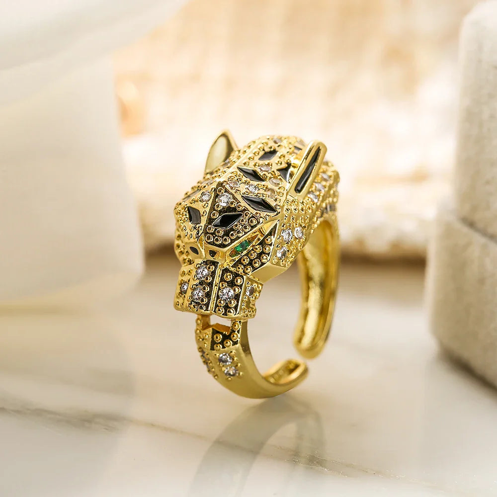 NEWBUY High Quality Fashion Statement Big Animal Ring For Women Girl Party Jewelry Gold Color Zircon Leopard Open Ring Wholesale