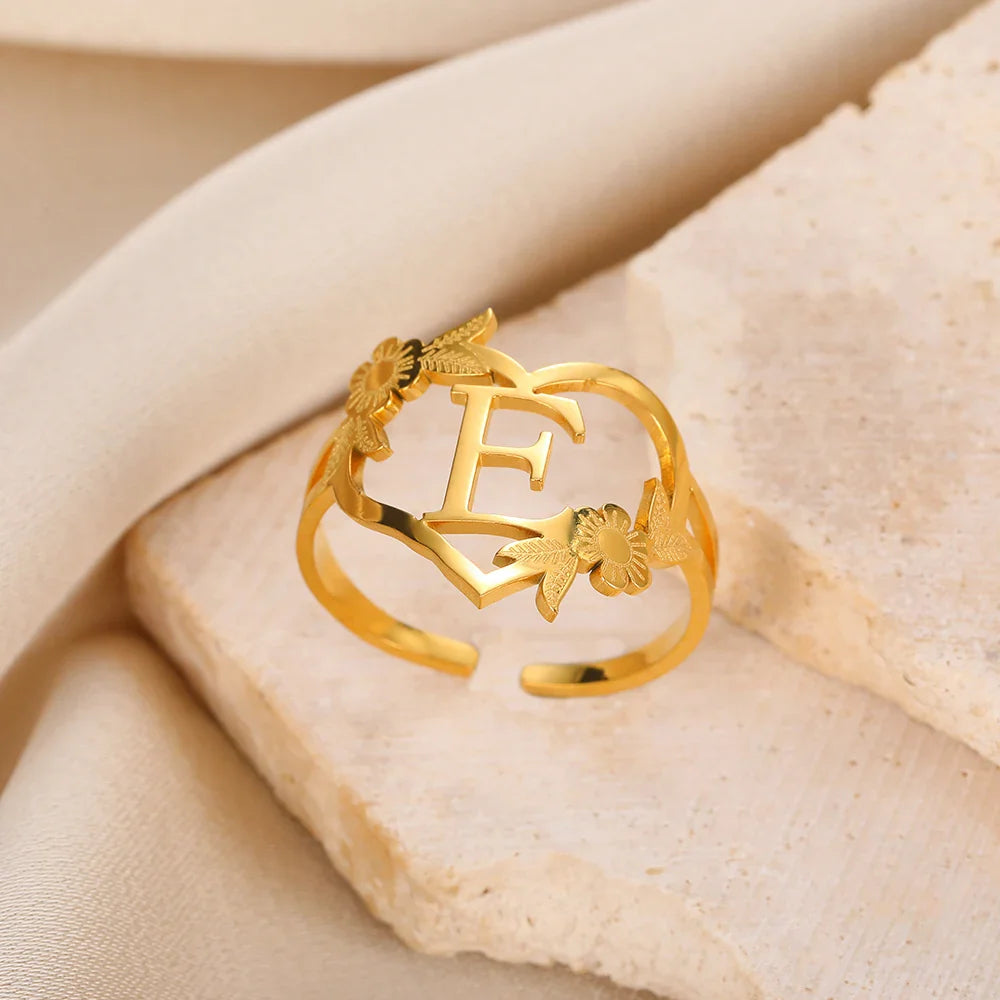 Stainless Steel Initials Letter Heart Rings for Women Girls Gold Color Flower Alphabet Ring Fashion Valentine's Day Jewelry Gift