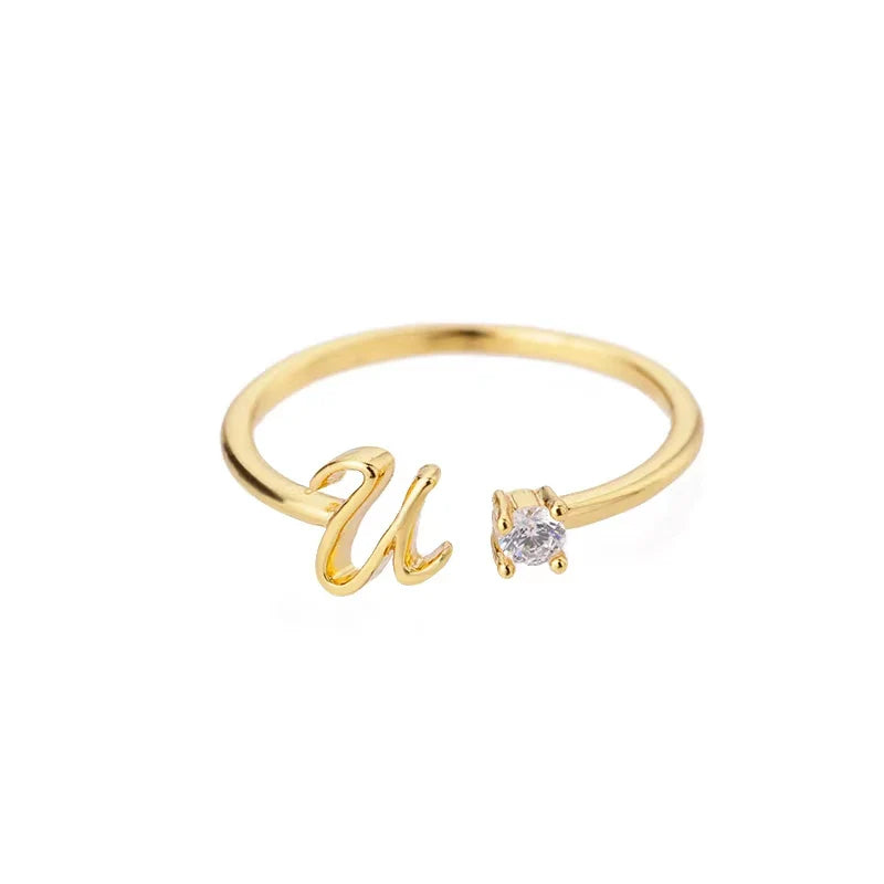 Zircon Initial Letter Ring for Women Stainless Steel Gold Color Alphabet Open Ring Trendy Wedding Birthday Aesthetic Jewelry