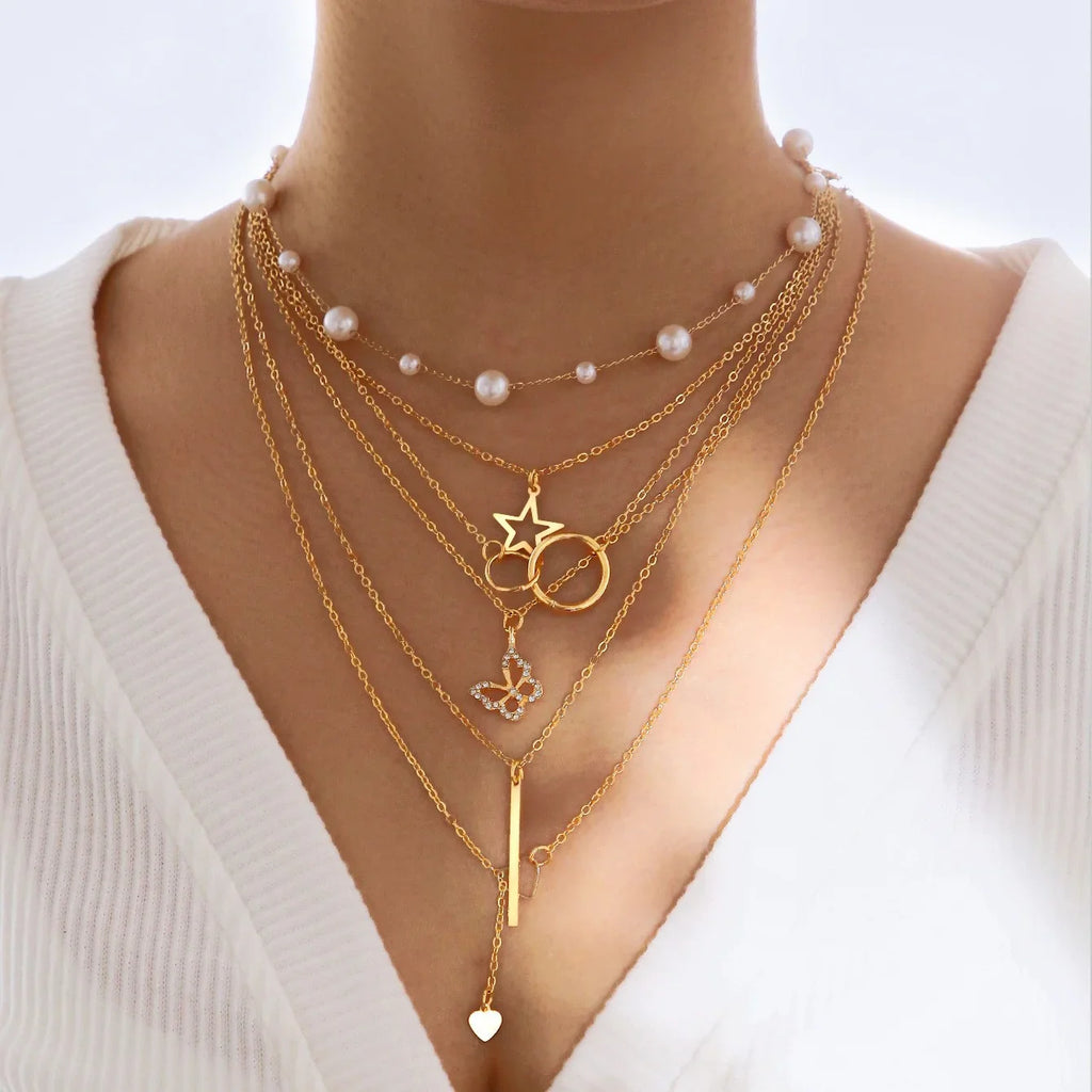 11 Pcs Women's Zircon Necklace Set Gold Color Fashion Love Heart Butterfly Pendant Hypoallergenic Neck Chain Boho Jewelry Gifts