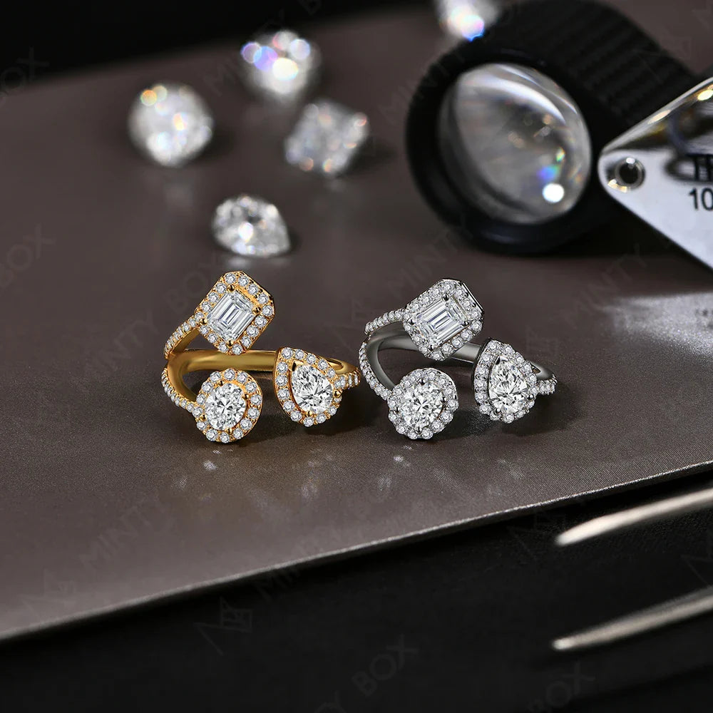 MINTYBOX Three Stone Lab Diamond Ring S925 Sterling Silver Moissanite Rings For Women 18K Gold Plated Engagement Party Gift