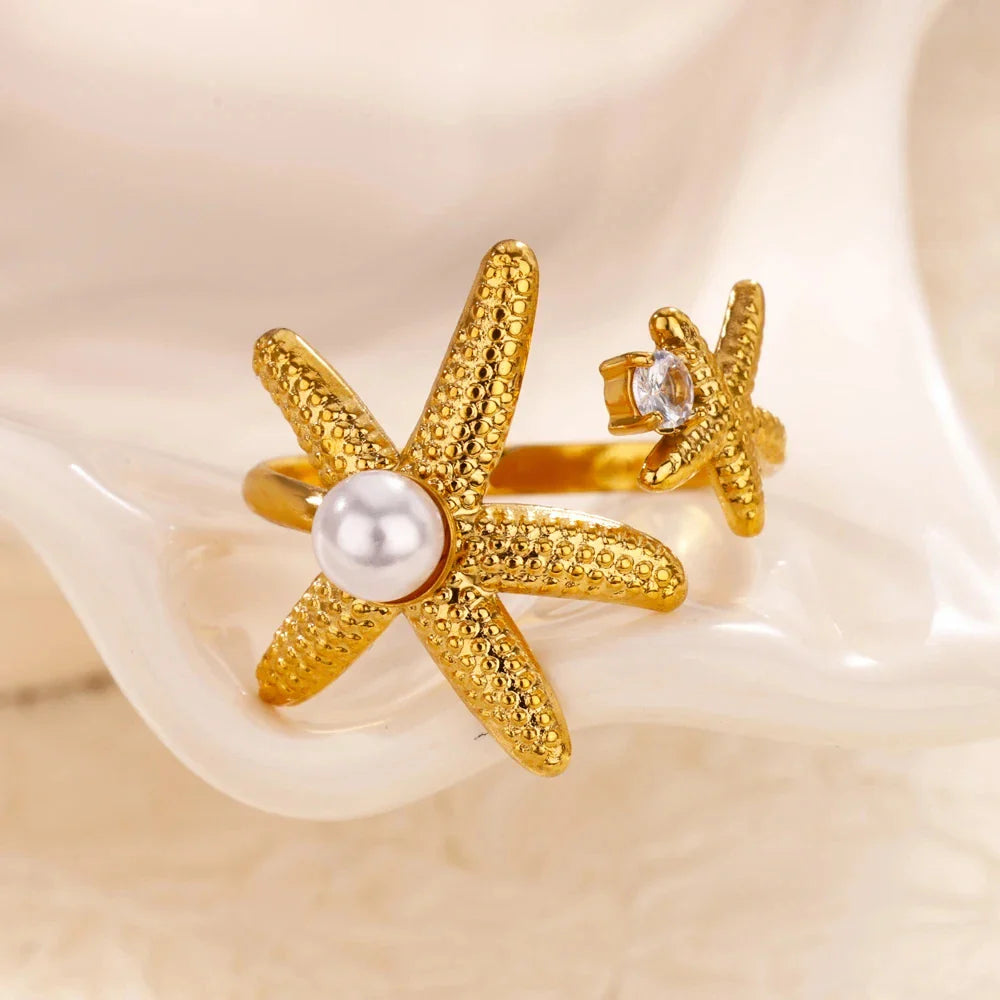 Ocean Starfish Shell Open Rings For Women Gold Color Stainless Steel Ring Summer Beach Aesthetic Waterproof Jewelry Gift
