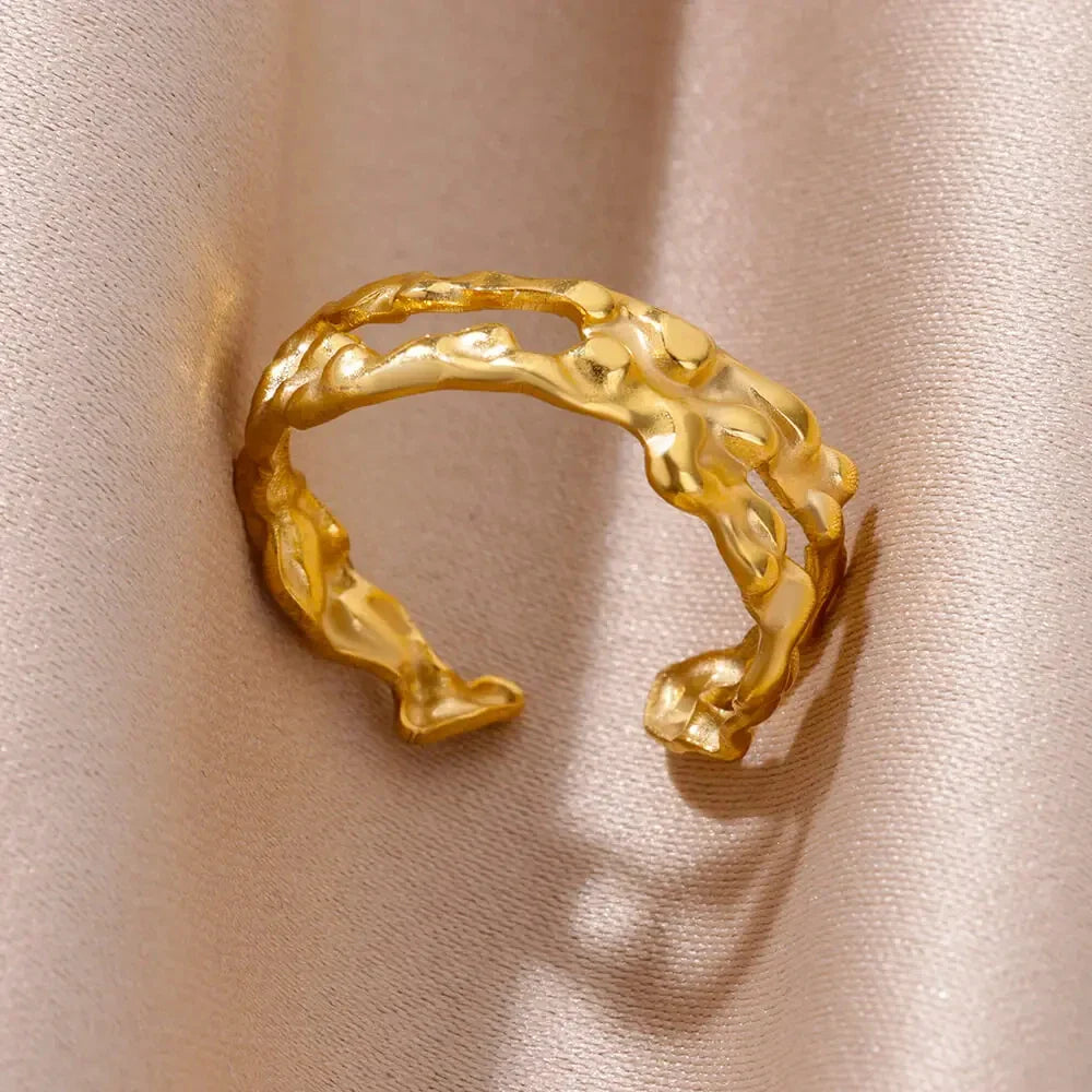 Stainless Steel Flower Rings for Women Gold Color Shell Starfish Multi Layer Hollow Out Ring Fashion Charm Jewelry Wedding Gifts