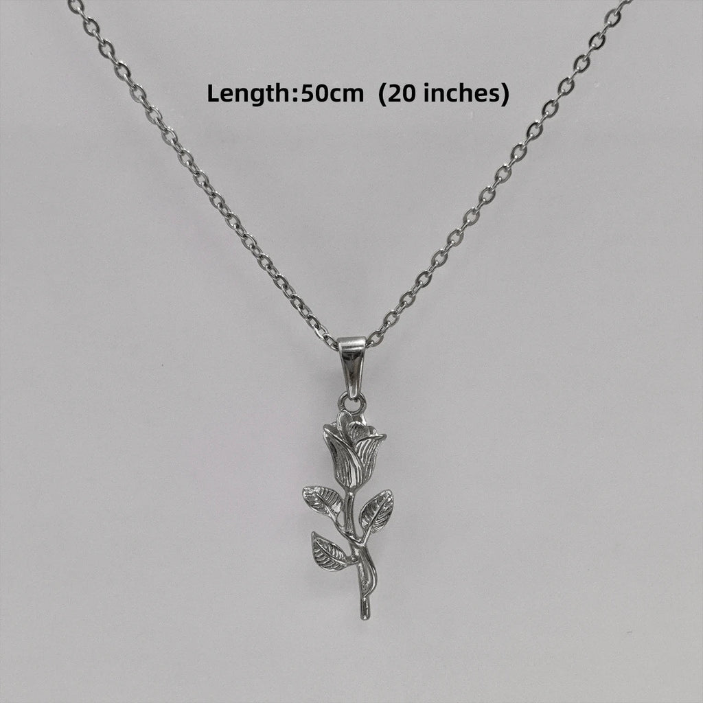 New Gold Plated Rose Flower Pendant Necklace Simple Vintage Clavicle Chain Stainless Steel Necklace for Men Women Jewelry Gifts