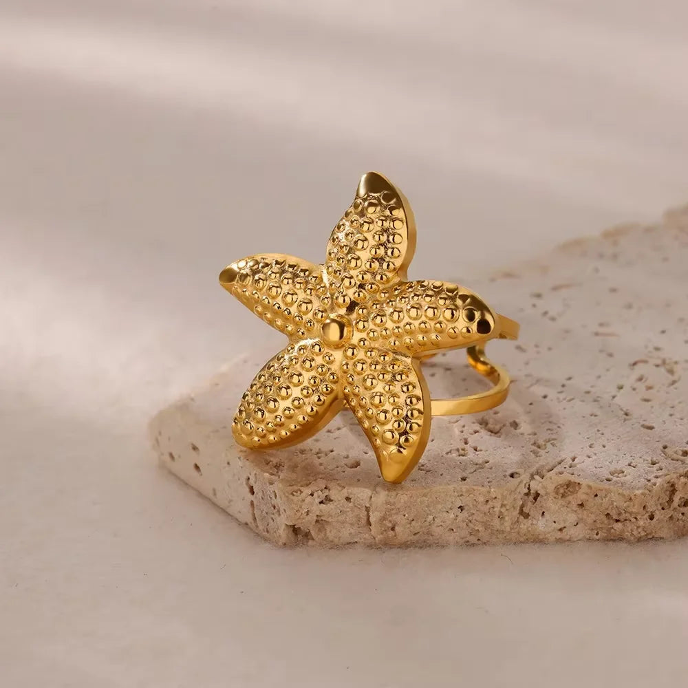 2025 Freshwater Anillos Stainless Steel Pearl Starfish Shell Rings For Women Punk Gold Color Vintage Waterproof Beach Jewelry