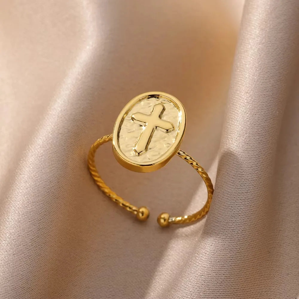 Stainless Steel Cross Rings for Women Vintage Gold Color Opening Cross Finger Ring Party Wedding Jewelry Gift anillos mujer
