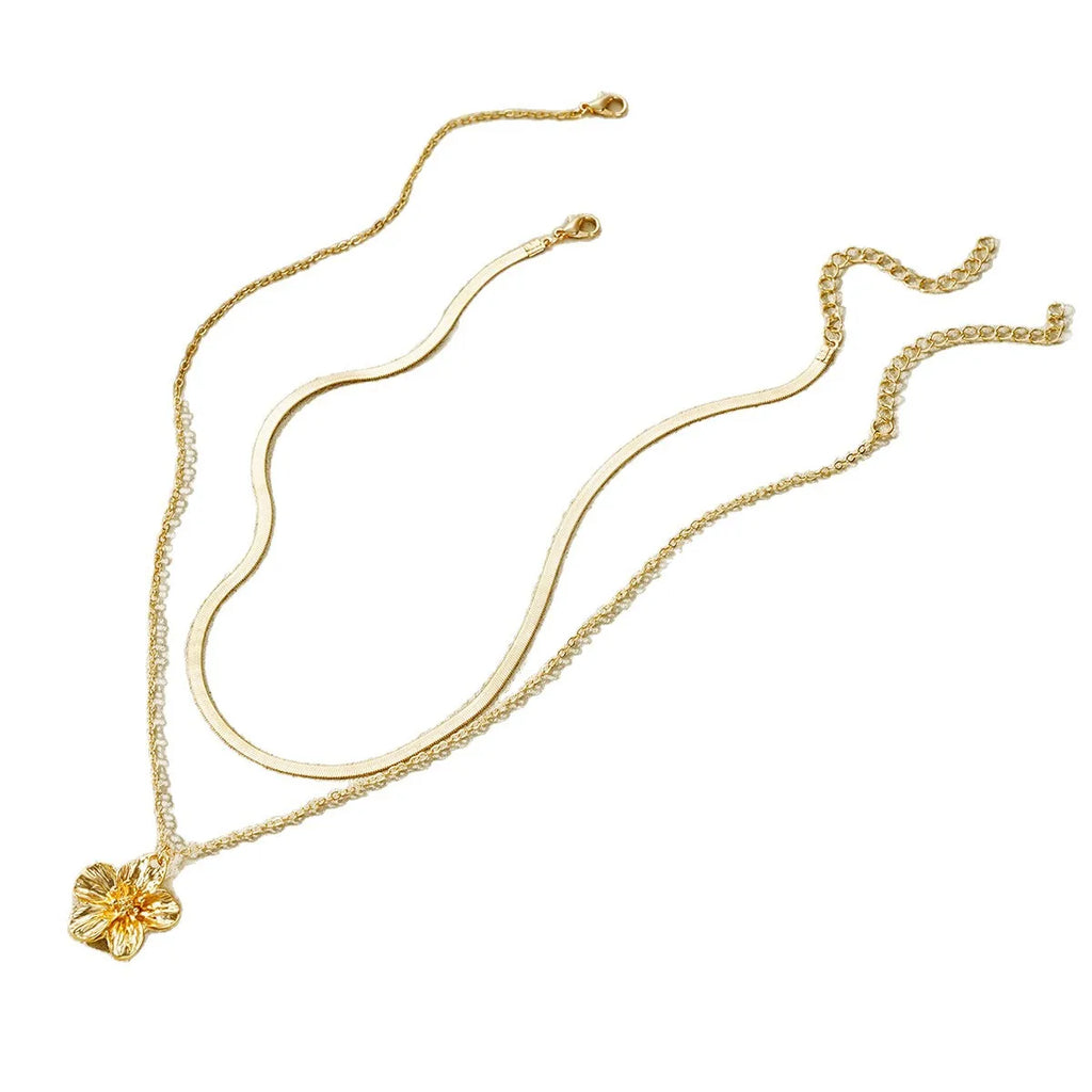 Stainless Steel Golden Flower Pendant Double layer Necklace Flat Snake Chain Lady New Waterproof Fashion Jewelry