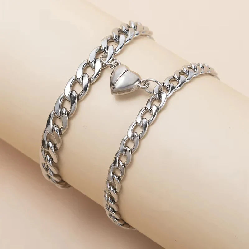 2Pcs/set Magnet Couple Bracelets Heart Attraction Bracelet Stainless Steel Charm Simple Cuban Chains Key Lock Jewelry Gifts