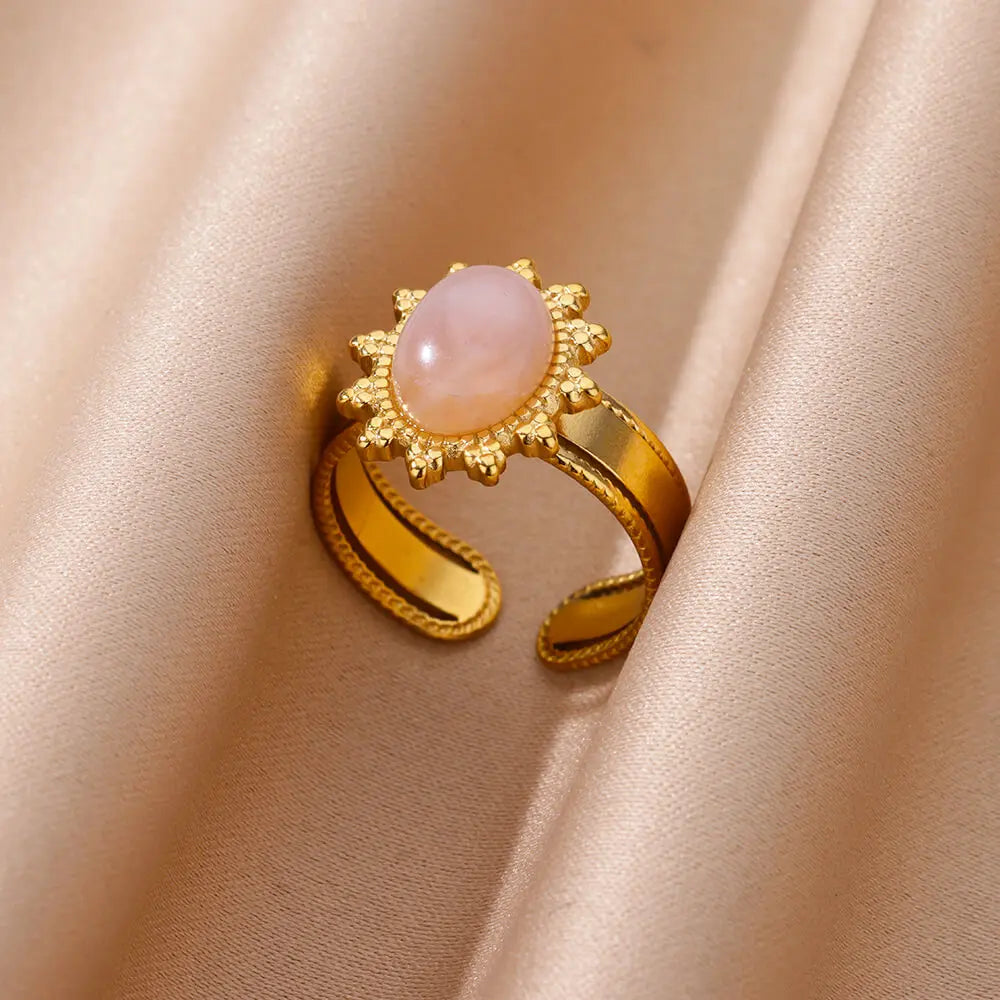 Stainless Steel Smooth Double Ball Beads Rings For Woman Vintage Opal Natural Stone Ring Fashion Gold Color Aesthetic Jewelry