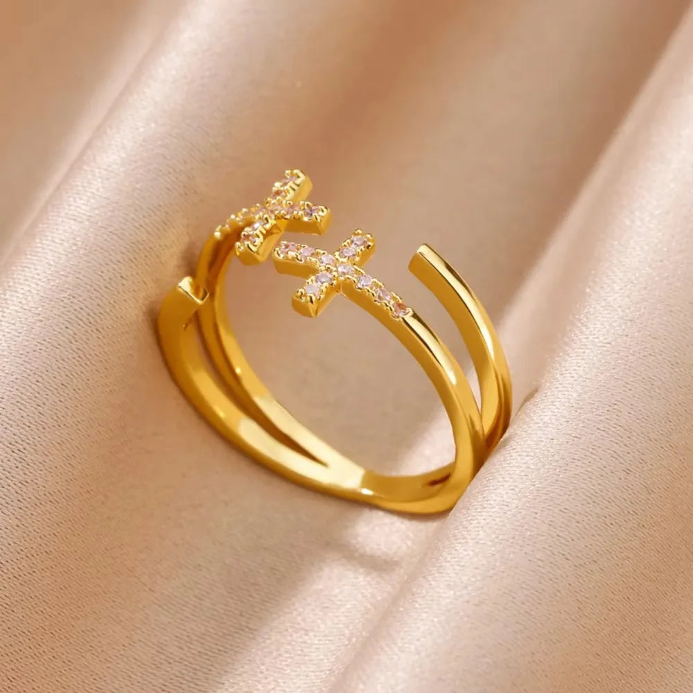 Stainless Steel Cross Rings for Women Vintage Gold Color Opening Cross Finger Ring Party Wedding Jewelry Gift anillos mujer