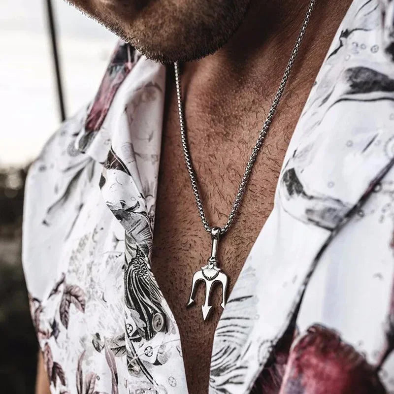 Street Men'sTitanium Steel Necklace Male Hipster Personality Hip Hop West Coast Style Trident Necklace Pendant