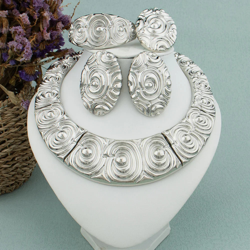 Dubai Big Jewelry Set Design for Women Wedding Bride Necklace Brazili Gold Plated Collor Earrings Bracelet Ring for Party Gift